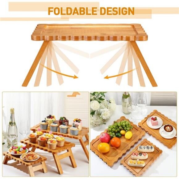 Wooden Foldable Cupcake Tier Stand 3 Tier Cupcake Tower Holder Irregular Edges - Picture 4 of 7